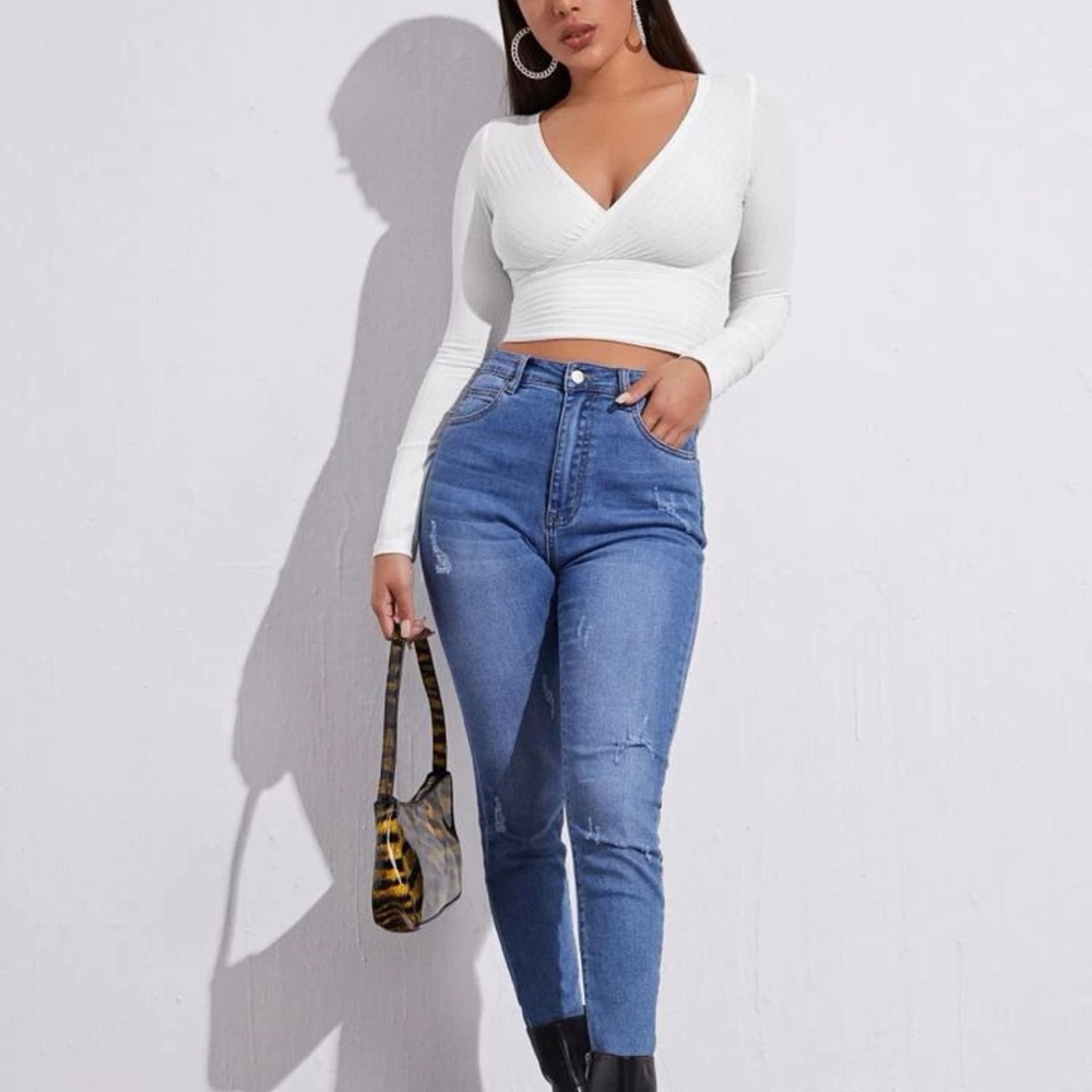 Surplice Neck Rib-Knit Crop Tee - Picture 5 of 5